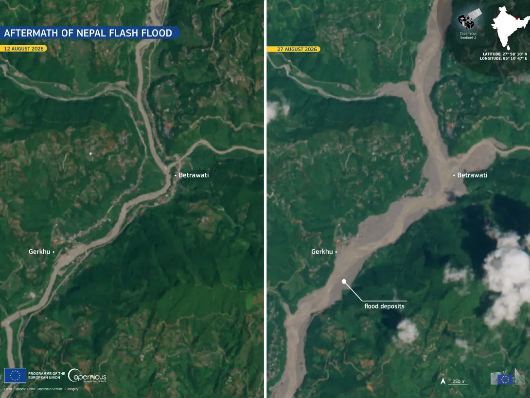 Satellitenaufnahmen der Region Betrawati/Gerkhu vor und nach der Flutkatastrophe vom 26. August 2026.